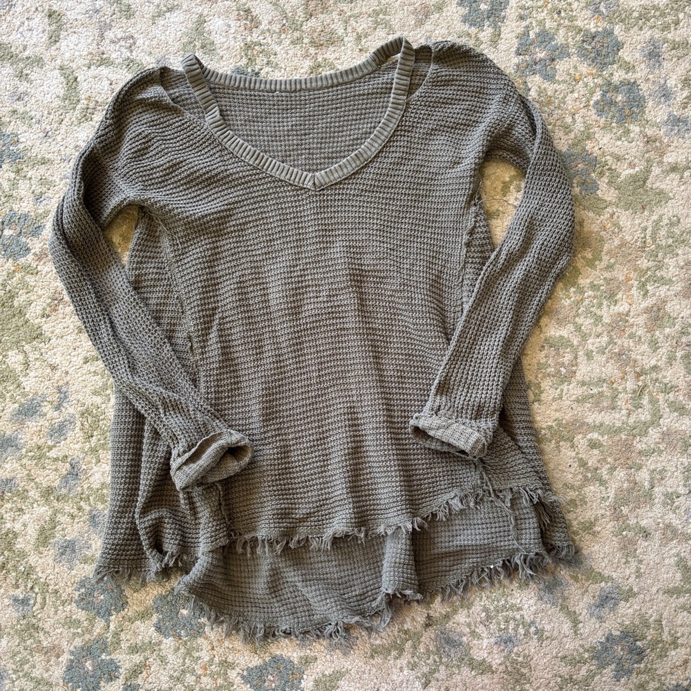 Free People Moonshine Thermal Waffle Knit Sweater Olive Army Green Frayed